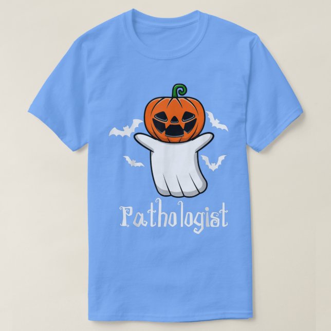 Funny Pumpkin Ghost Bat Pathologist Cool Halloween T-Shirt (Design Front)