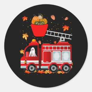 Funny Pumpkin Ghost Driving Fire Truck Halloween F Classic Round Sticker