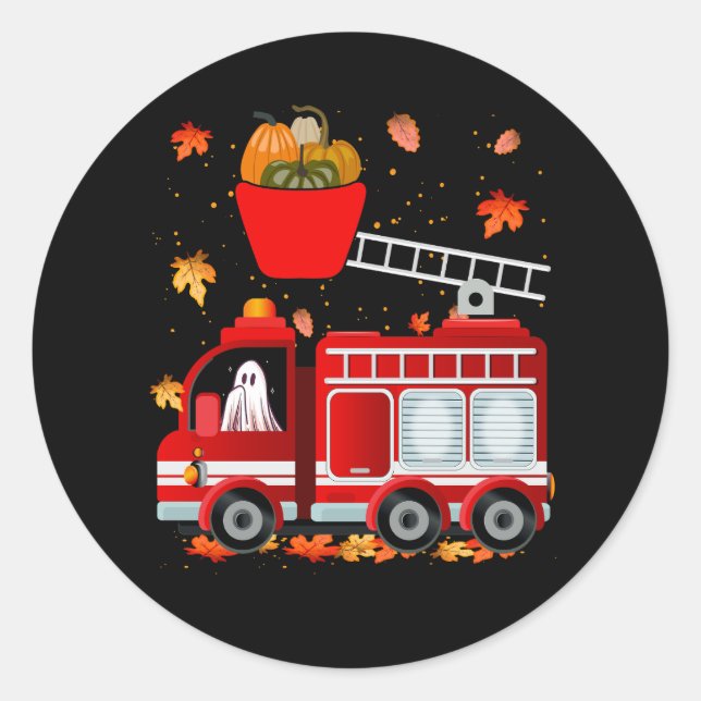 Funny Pumpkin Ghost Driving Fire Truck Halloween F Classic Round Sticker (Front)