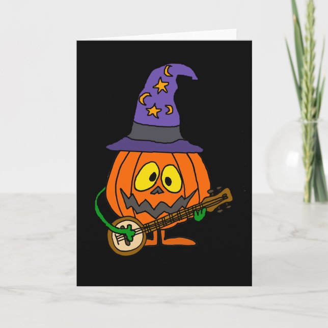 Funny Pumpkin Man Playing Banjo Cartoon Card (Front)