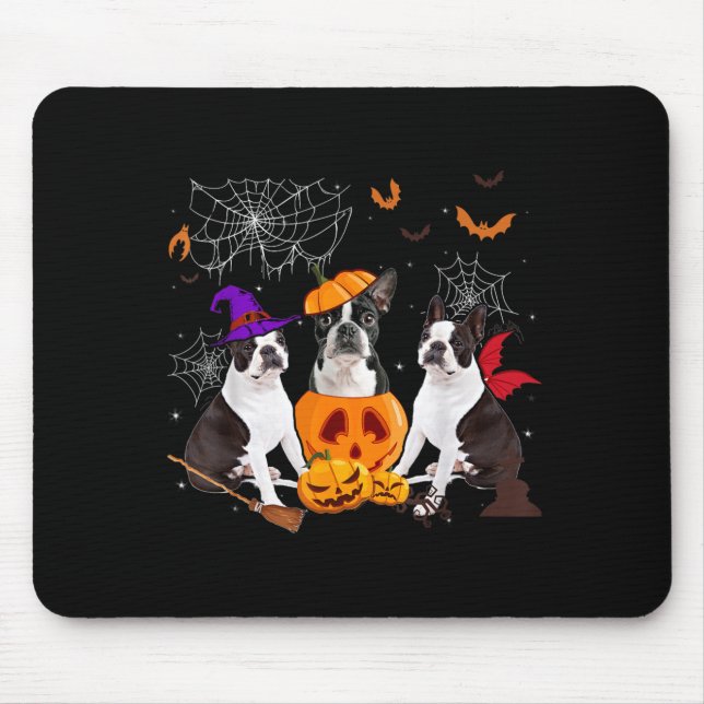 Funny Pumpkin Witch Boston Terrier Dog Halloween Mouse Mat (Front)