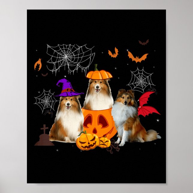 Funny Pumpkin Witch Sheltie Matching Dog Halloween Poster (Front)