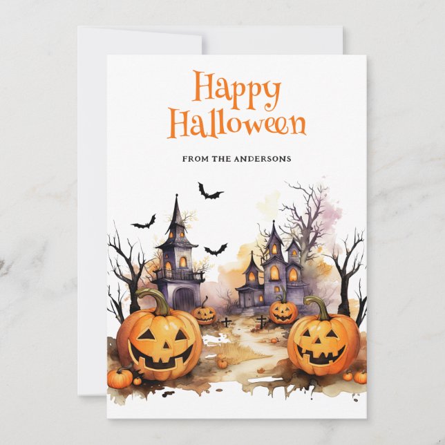 Funny Pumpkins Watercolor Happy Halloween Card (Front)