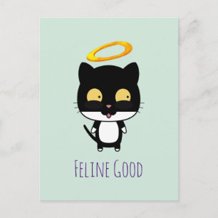 Funny Pun Black Cat With A Golden Halo Cartoon Postcard
