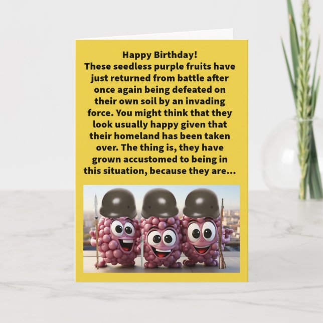 Funny Pun Conquered Grapes Happy Birthday Card (Front)