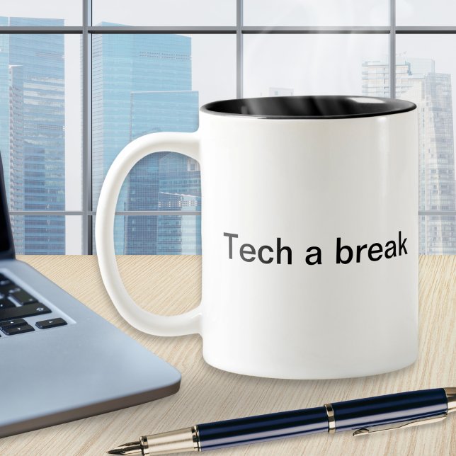 Funny Pun Tech Humour Computer Software Monogramme Two-Tone Coffee Mug (A stylish coffee mug with 'Tech a break' message and monogram initial. An ideal computer themed gift)
