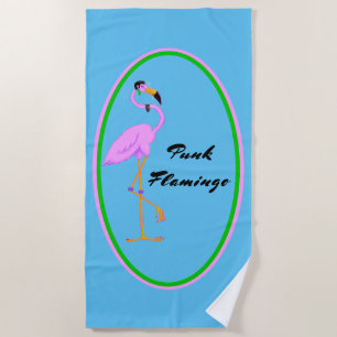 Funny Punk Pink Flamingo on Teal Beach Towel