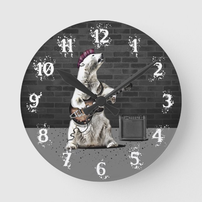 Funny Punk Rock Bear Playing Guitar Heavy Metal Ro Round Clock (Front)