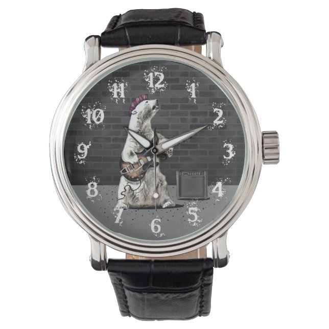 Funny Punk Rock Bear Playing Guitar Heavy Metal Watch (Front)