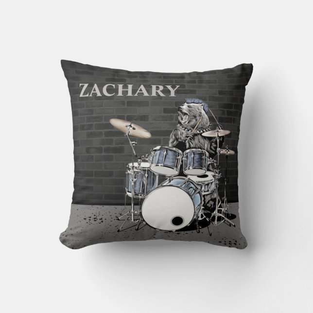 Funny Punk Rock Drummer Bear Custom Name Musician Cushion (Front)