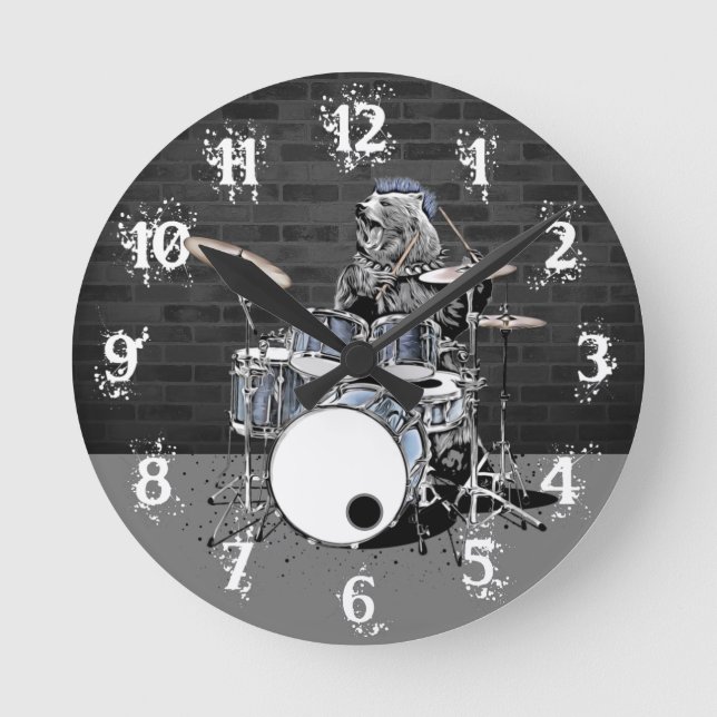 Funny Punk Rock Drummer Bear Playing Drums Rocker  Round Clock (Front)