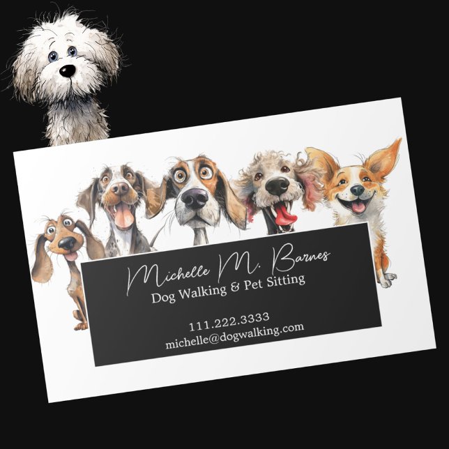 Funny Puppy Dog Walker Sitter Black White  Magnetic Business Card (Creator Uploaded)