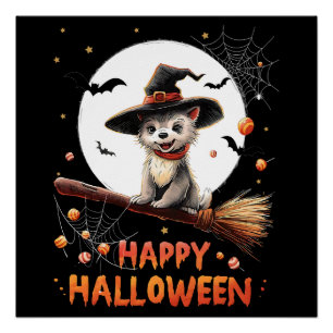 Funny Puppy Dog Witch Candy Spooky Ghost Halloween Poster