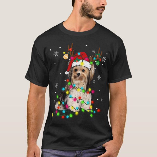 Funny Puppy Lover Yorkshire Terrier Christmas Ligh T-Shirt (Front)