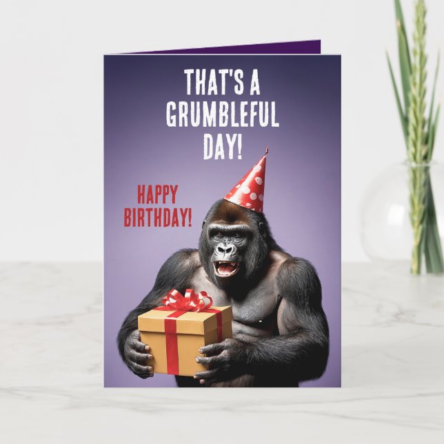 Funny Purple and White Gorilla Birthday Card (Front)