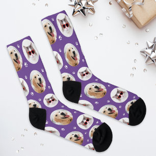 Funny Purple Custom 2 Pet Photo Paw Print Socks