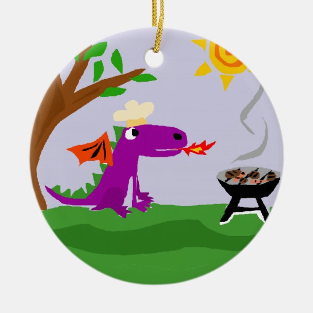Funny Purple Dragon Grill Master Ceramic Tree Decoration (Front)