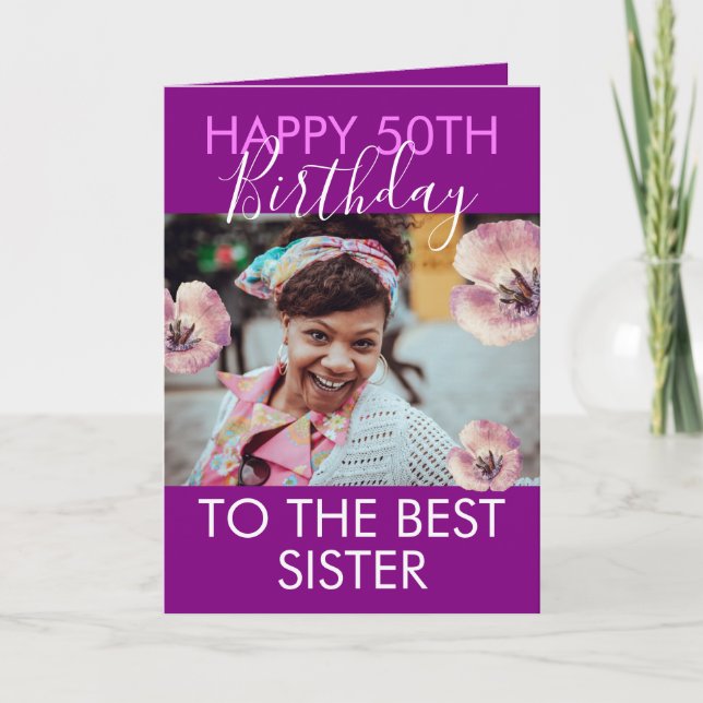Funny Purple Floral Photo Sister 50th Birthday Card (Front)