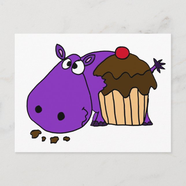 Funny Purple Hippo Eating Cupcake Postcard (Front)