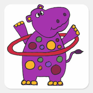 Funny Purple Hippo Playing Hula Hoop Square Sticker