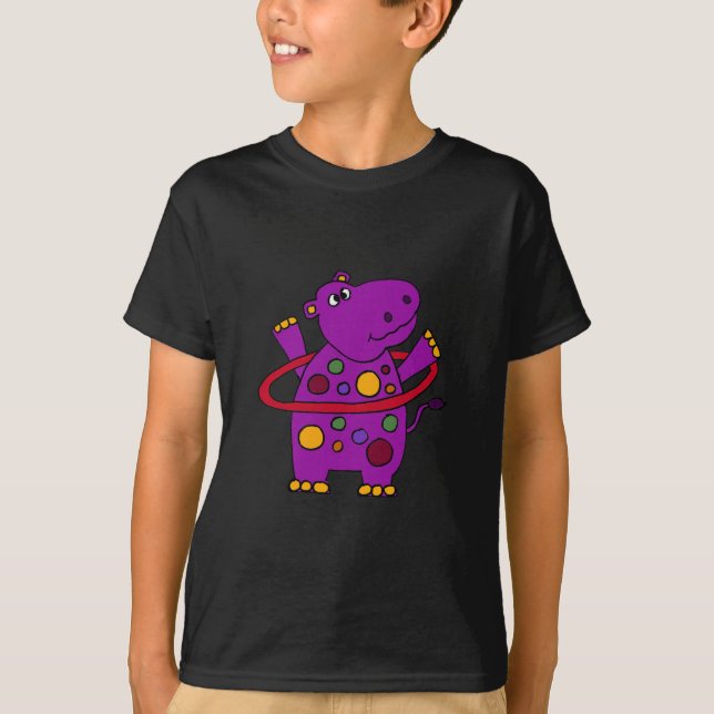 Funny Purple Hippo Playing Hula Hoop T-Shirt (Front)