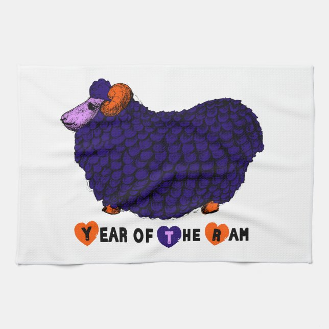 Funny Purple Ram Chinese Year Zodiac Kitchen Towel (Horizontal)