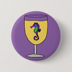 Funny Purple Seahorse in White Wine Glass 6 Cm Round Badge