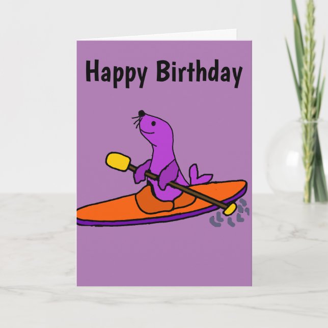 Funny Purple Seal Kayaking Cartoon Card (Front)