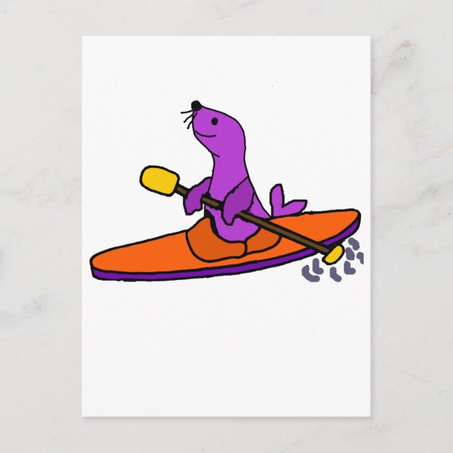 Funny Purple Seal Kayaking Cartoon Postcard (Front)