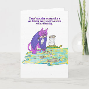 Funny Purple the Working Cat Birthday Fishing Card
