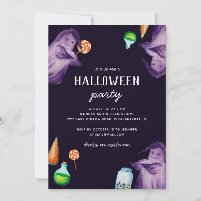 Funny purple watercolor ghost. Halloween party Invitation (Front)