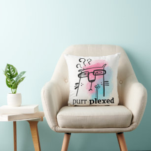 Funny Puzzled Cat  Typography Purr-Plexed Pun Cushion