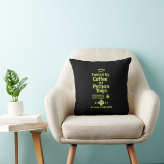 Funny Python Developer – Fueled by Coffee bugs Cushion