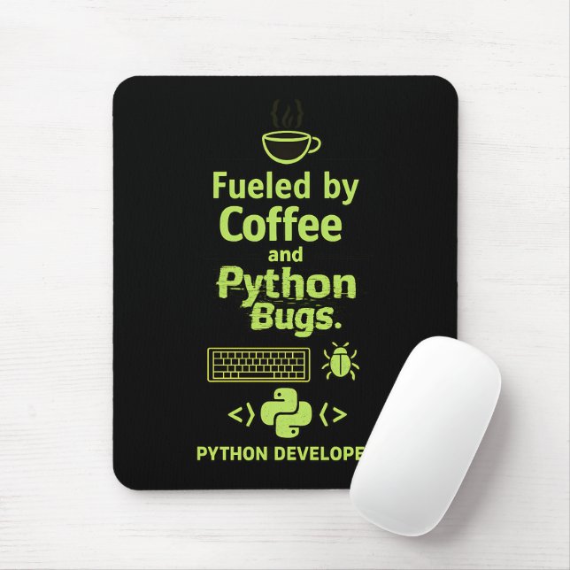 Funny Python Developer – Fueled by Coffee bugs  Mouse Mat (With Mouse)