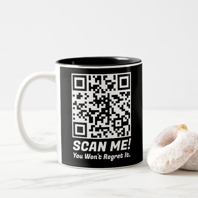 Funny QR Scan Me! Funny Regret Joke  Two-Tone Coffee Mug (With Donut)