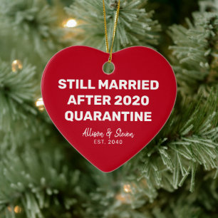 Funny Quarantine 2020 Red Heart Couples Names Ceramic Tree Decoration