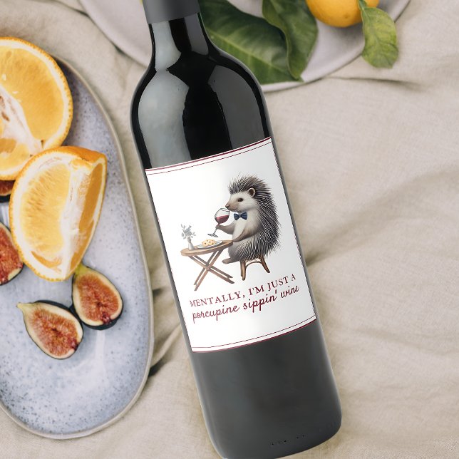 Funny Quirky Cute Porcupine Bowtie Unique  Wine Label (Unique porcupine wine label adds charm and humor to your bottle. Ideal for wine enthusiasts!)