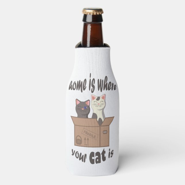 Funny quote Home is where your cat is Bottle Cooler (Bottle Front)