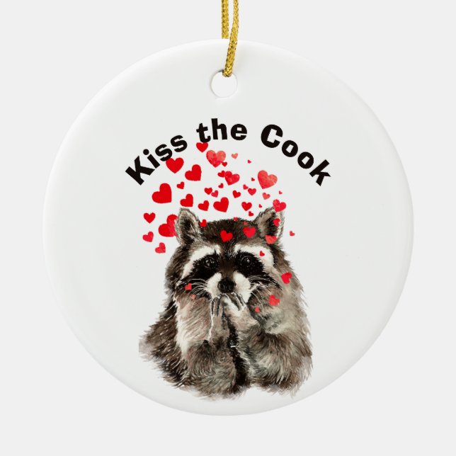 Funny Quote Kiss the Cook Cute Raccoons, Animal  Ceramic Tree Decoration (Front)