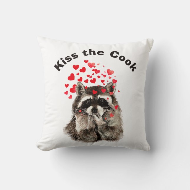 Funny Quote Kiss the Cook Cute Raccoons, Animal  Cushion (Front)