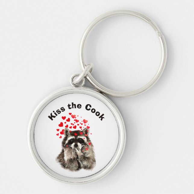 Funny Quote Kiss the Cook Cute Raccoons, Animal Ke Key Ring (Front)