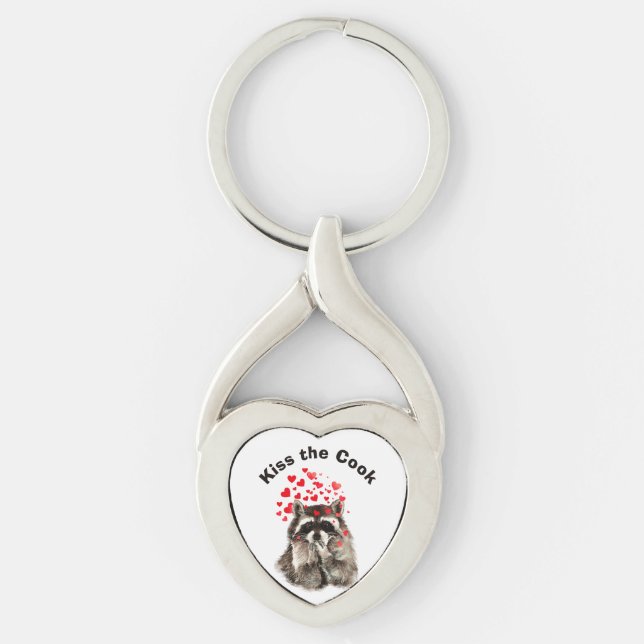 Funny Quote Kiss the Cook Cute Raccoons, Animal  Key Ring (Front)