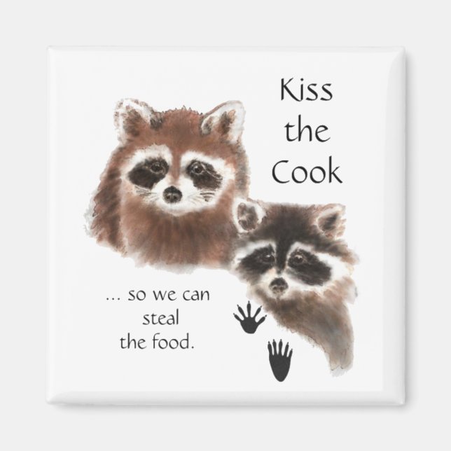 Funny Quote Kiss the Cook Cute Raccoons, Animal Magnet (Front)