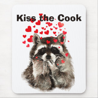 Funny Quote Kiss the Cook Cute Raccoons, Animal Mo Mouse Mat