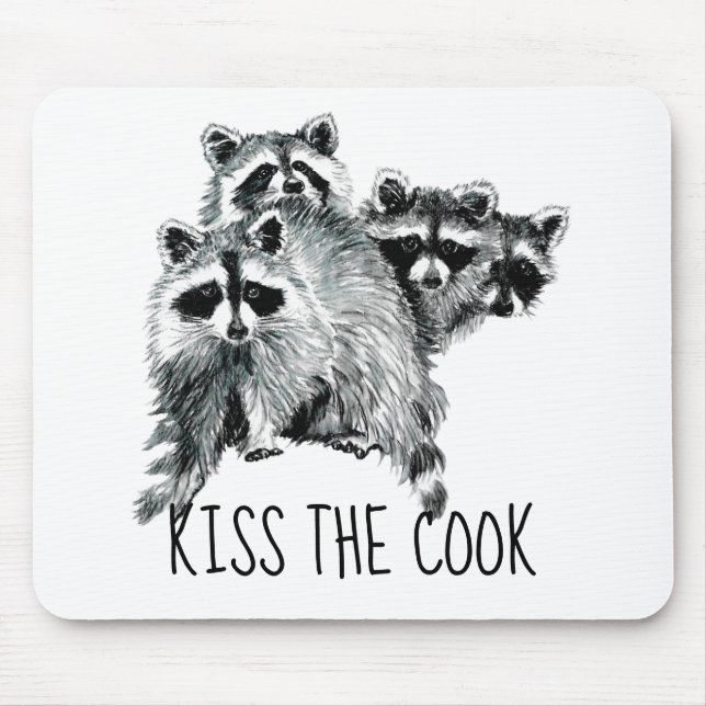 Funny Quote Kiss the Cook Cute Raccoons, Animal Mouse Mat (Front)