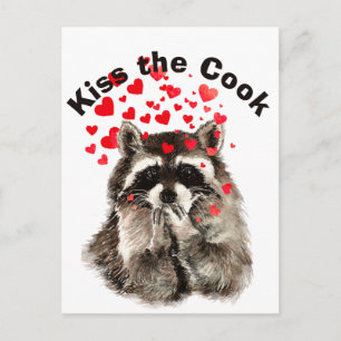 Funny Quote Kiss the Cook Cute Raccoons, Animal  Postcard