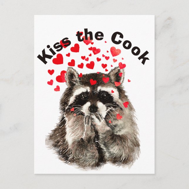 Funny Quote Kiss the Cook Cute Raccoons, Animal  Postcard (Front)