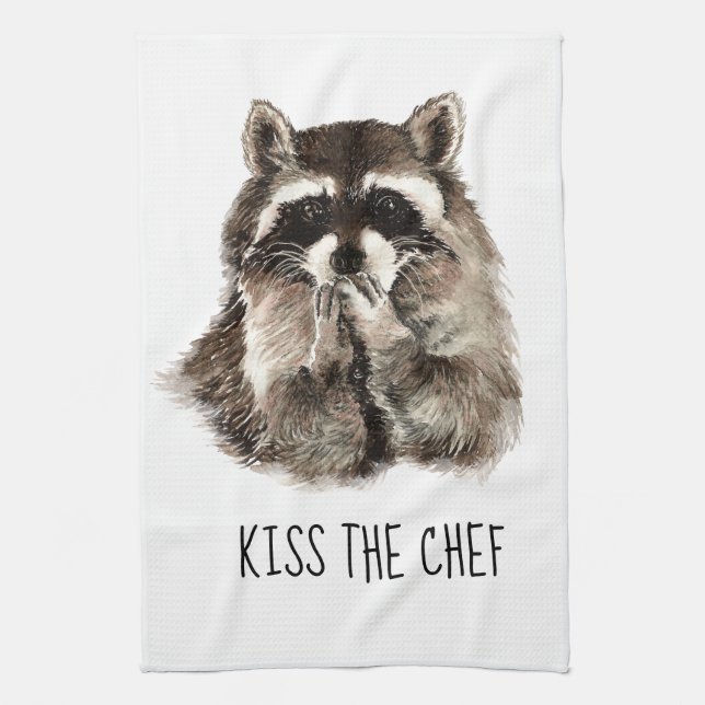 Funny Quote Kiss the Cook Cute Raccoons, Animal Tea Towel (Vertical)