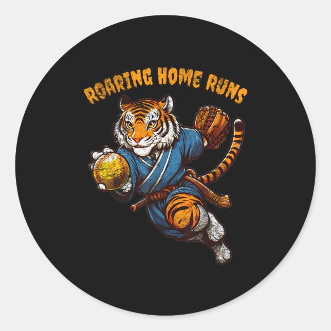 Funny Quote Roaring Home Run Ball Retro Tiger Love Classic Round Sticker (Front)