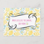 Funny Quote When Life Gives You Lemons, Add Vodka Postcard<br><div class="desc">A postcard with a funny humourous quotation. When life gives you lemons,  add vodka. The saying is set inside a fancy whimsical frame. The background is a quaint and cute pattern composed of yellow lemons and pastel blue flowers in a hand drawn illustrated style.</div>